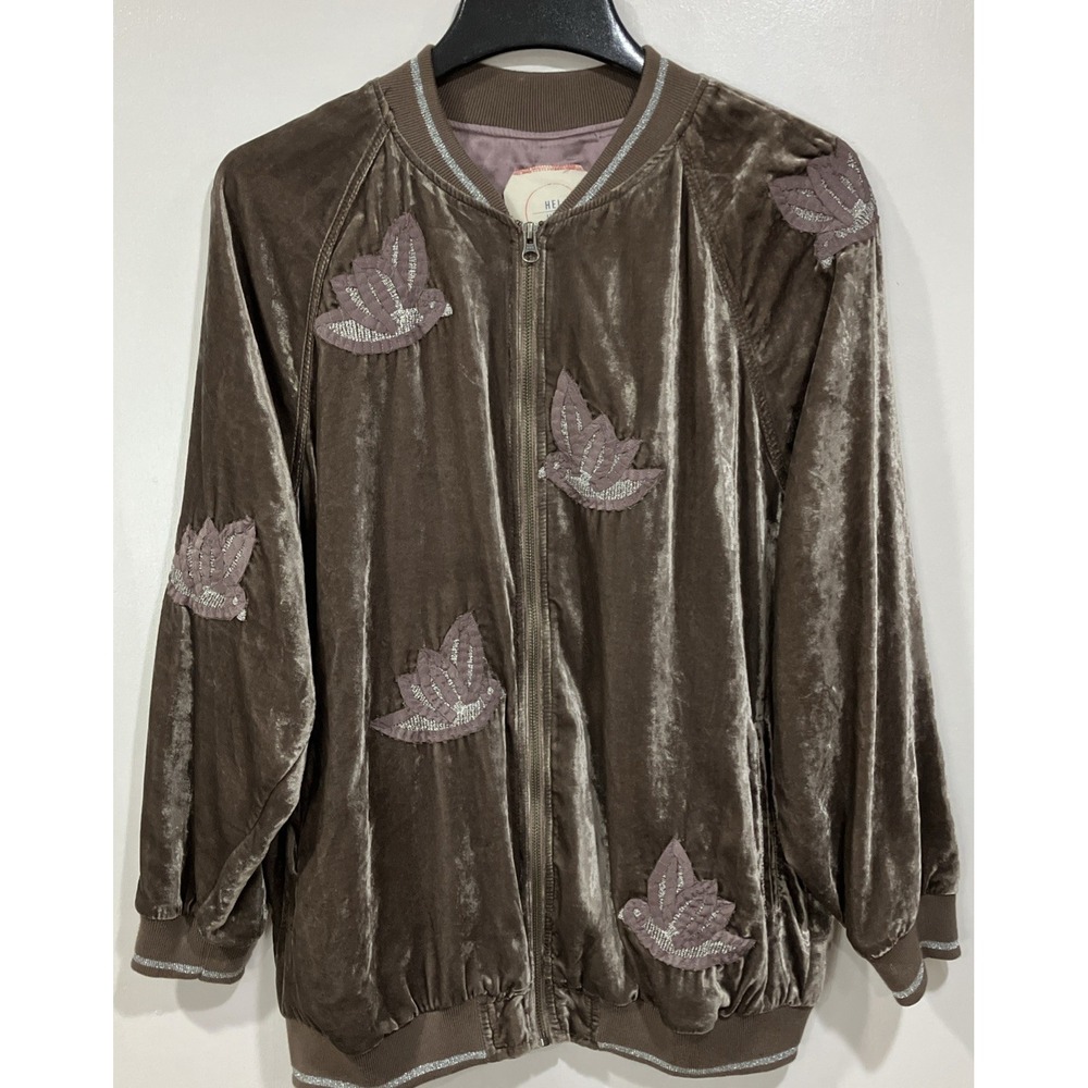 Hei Hei Anthropologie West End Embroidered Bird Velvet Bomber Size Small